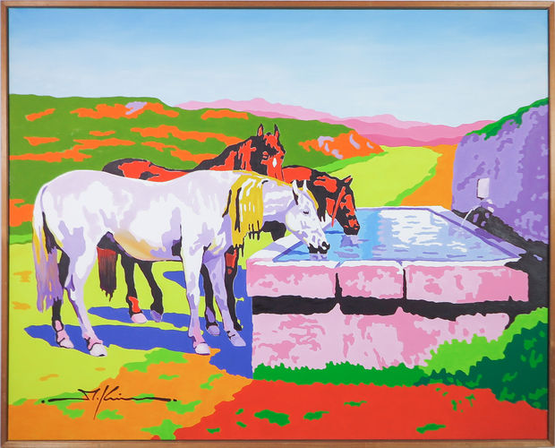 Three horses drinking at fountain