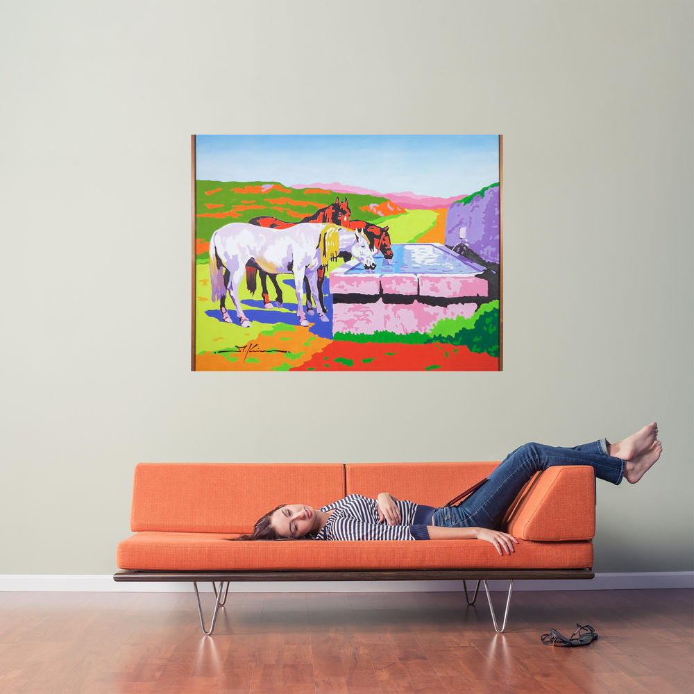 Three horses drinking at fountain